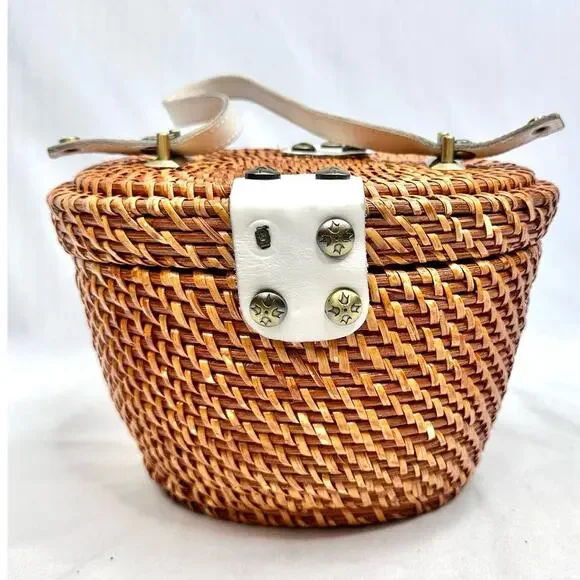 Patricia Nash Caselle Basket Bag Vintage Inspired White Leather Rattan Handbag - Picture 6 of 12